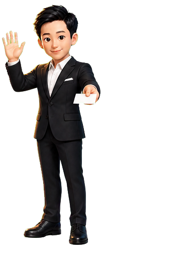 Cartoon figure of Sichao Li waving and offering a contact card
