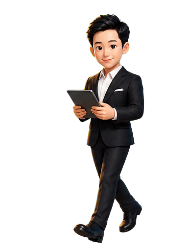 Cartoon figure of Sichao Li walking with a tablet