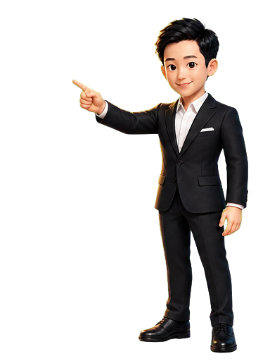 Cartoon figure of Sichao Li pointing toward a research display